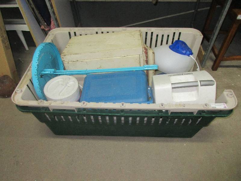 large pet carrier with all parts(needs to be assembled)  - 2 humidifiers - small outdoor table and 3 coolers
