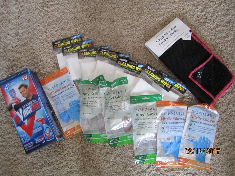 Lot of cleaning supplies and gloves...