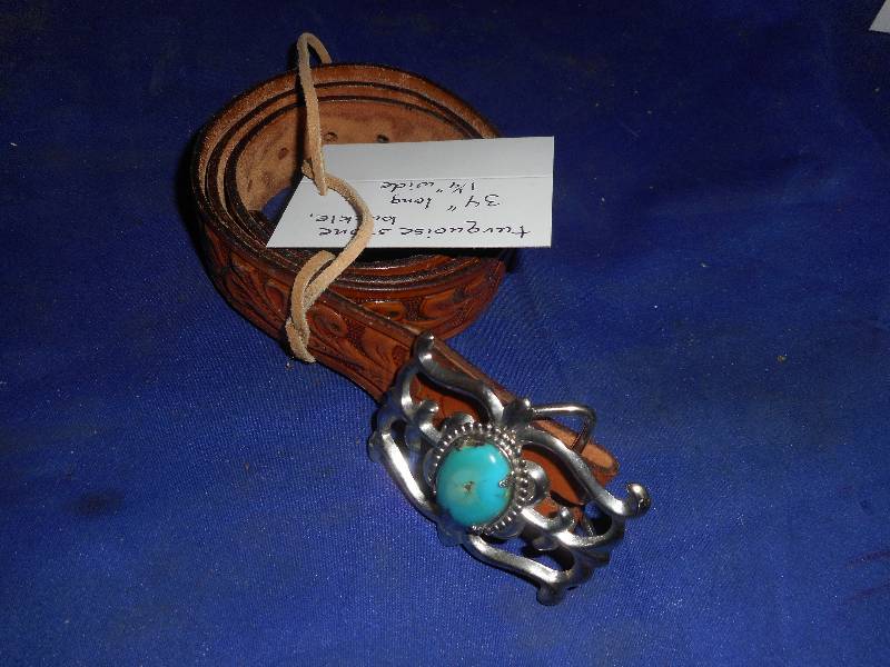 34 INCH LONG 1 INCH WIDE LEATHER BELT WITH TURQUOISE STONE BUCKLE