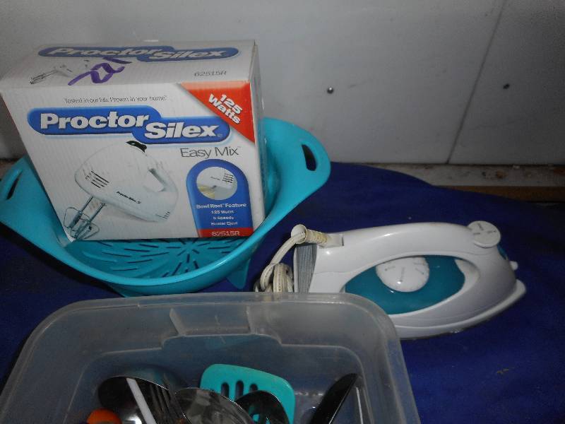 KITCHEN UTINSELS AND A NEW MIXER AND A IRON