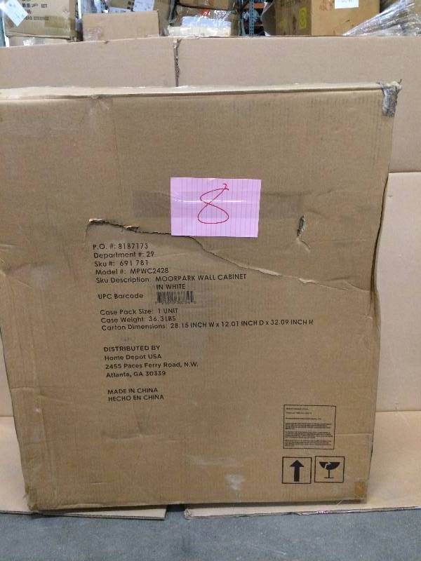 lot 8 image: Home Decorators Collection Moorpark 24 in. W x 28 in. H x 7-34 in. D Bathroom Storage Wall Cabinet in White Never used