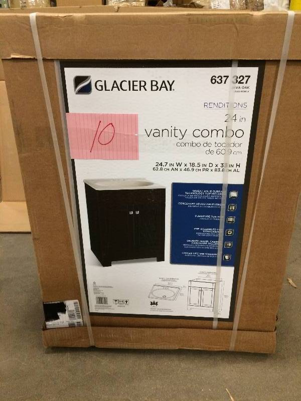 lot 10 image: Glacier Bay Renditions 24-34 in. W Vanity in Java Oak with Solid Surface Technology Vanity Top in Wheat New