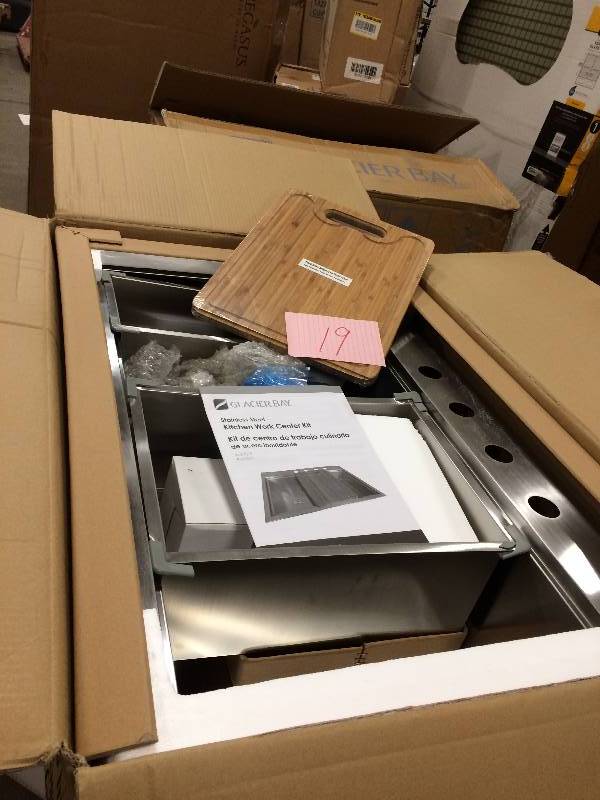 lot 19 image: Glacier Dual Mount Stainless Steel 33 in. 4-Hole Single Bowl Kitchen Sink in Satin neer used