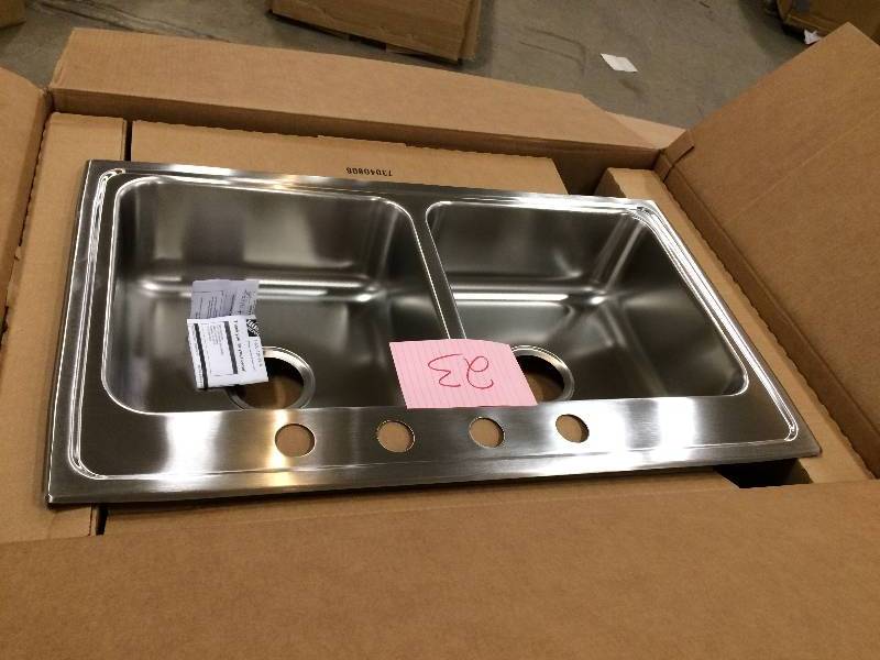 lot 23 image: Elkay Pacemaker Top Mount Stainless Steel 33 in. 4-Hole Double Bowl Kitchen Sink NEW