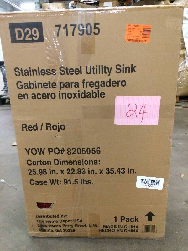 lot 24 image: Presenza All-in-One 25.98 in. x 22.83 in. x 35.43 in. Stainless Steel Utility Sink and Large Empire Red Drawer Cabinet Never used