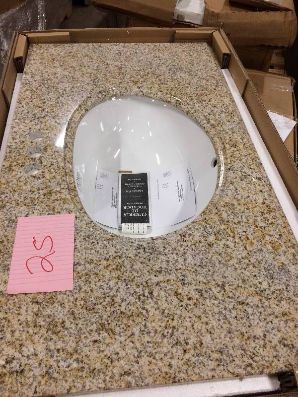 lot 25 image: Pegasus 37 in. x 22 in. Granite Vanity Top in Beige with White Bowl and 4 in. Faucet Spread Never used