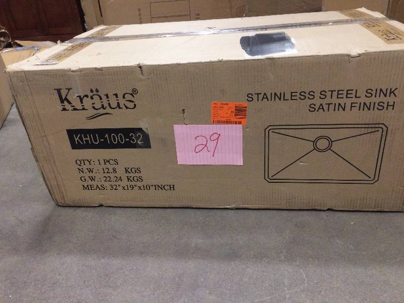 lot 29 image: Kraus KHU100-32 32-inch 16 Gauge Undermount Single Bowl Stainless Steel Kitchen Sink Never used