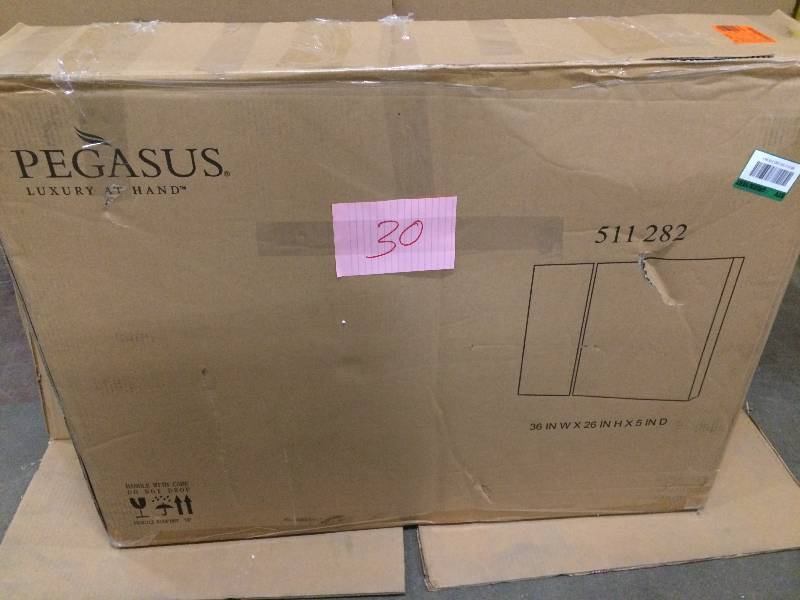lot 30 image: Pegasus 36 in. W x 26 in. H Frameless Recessed or Surface-Mount Bi-View Bathroom Medicine Cabinet with Beveled Mirror never used