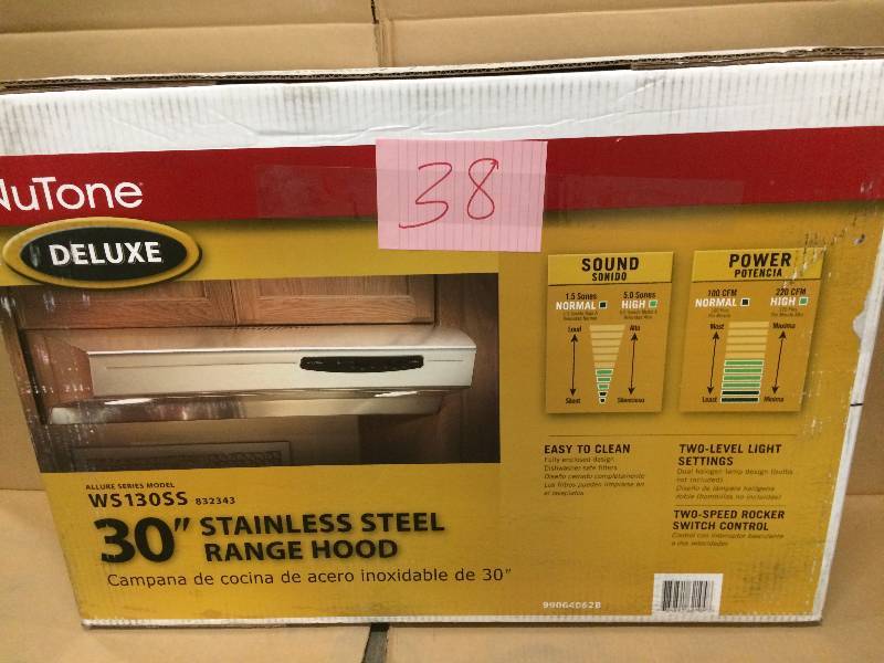 lot 38 image: Nutone Deluxe WS130SS 30 Stainless Steel Rangehood never used