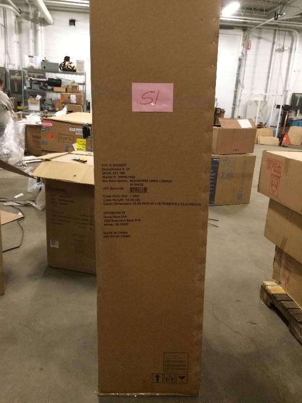 lot 51 image: Home Decorators Moorpark 18 in. W x 67-12 in. H x 15 in. D Bathroom Linen Storage Cabinet in White Never used