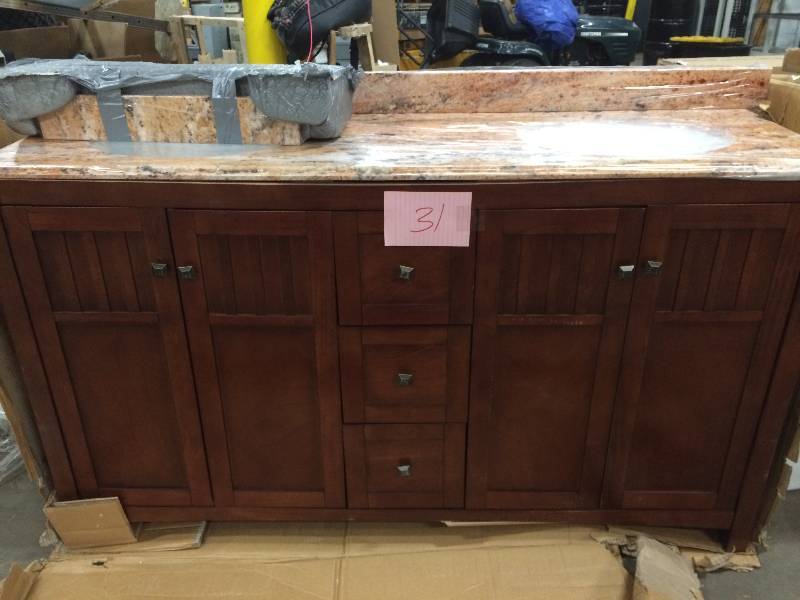 lot 31 image: Foremost Knoxville 61 in. W x 22 in. D Vanity in Nutmeg and Double Bowl Vanity Top with Stone Effects in Bordeaux Never used