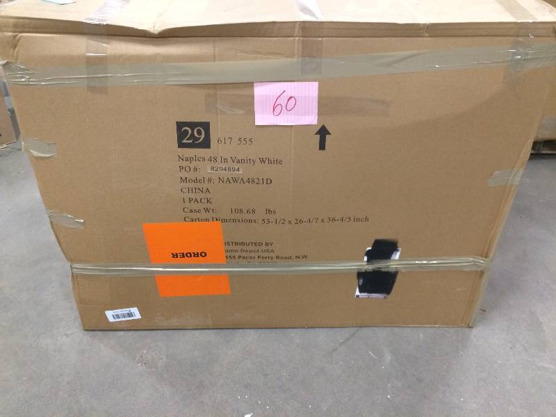 lot 60 image: Foremost Naples 48 in. W x 21-58 in. D x 34 in. H Vanity Cabinet Only in White never used