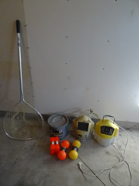 lot 13 image: 3 minnow buckets. Landing net, 4 ma...