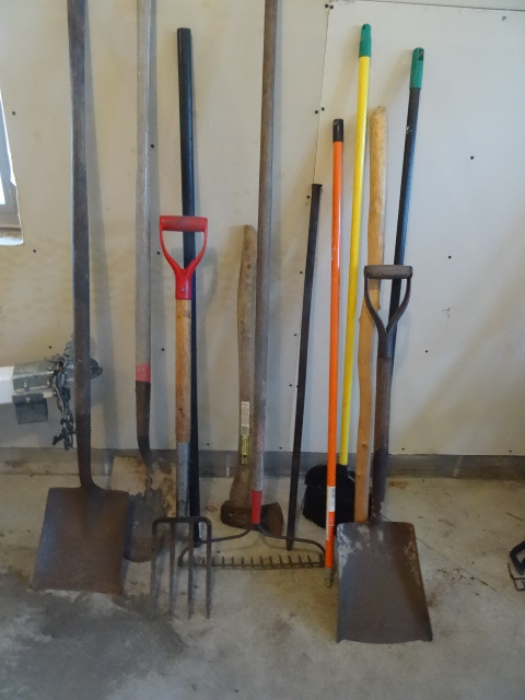 lot 55 image: Shovels. Rake, Broom, Axe, and pota...