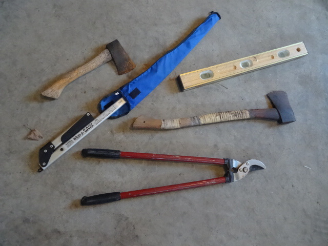 lot 69 image: Level. Branch trimer. Axe. Hatchet....