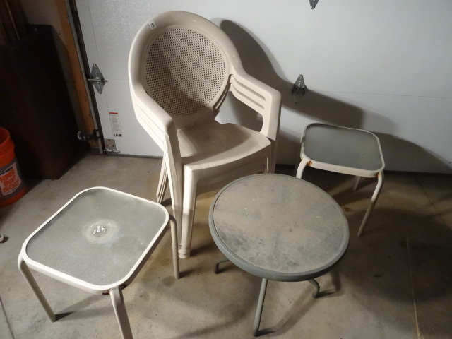 lot 151 image: 3 stacking patio chairs. 3 patio ta...