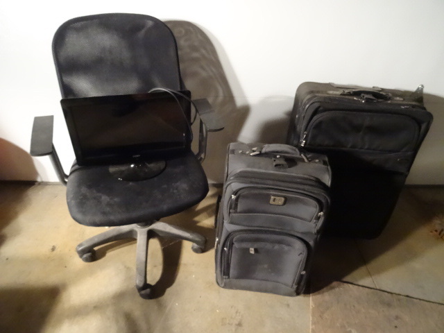 lot 168 image: Coby 16 LCD TV. Office chair on wh...