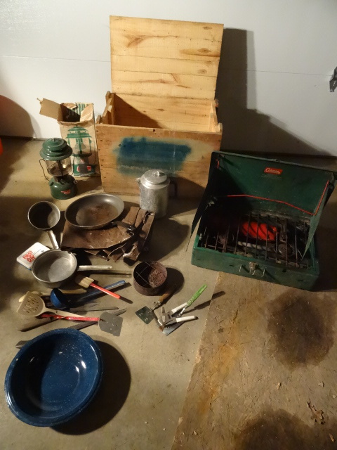 lot 170 image: Wood box full of camping equipment....