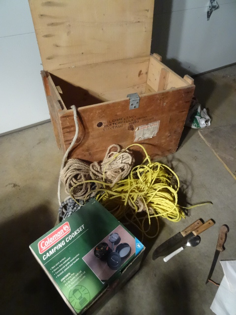 lot 171 image: Wood box. Misc rope. Coleman campin...