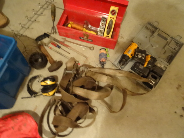 lot 181 image: Bin full of goodies. Tool box. Cord...