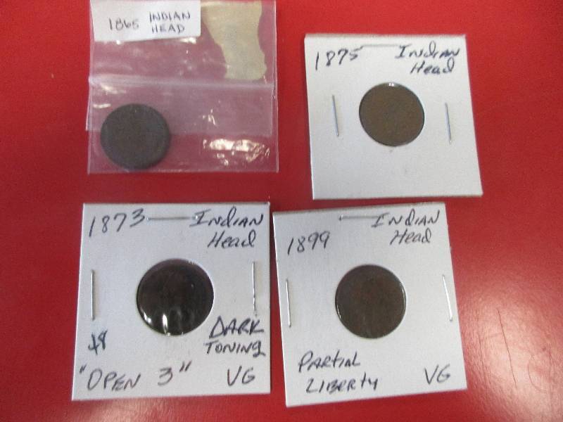 4 INDIAN HEAD PENNIES 1865 1875 1873 1899