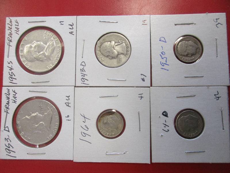 1953D FRANKLIN HALF DOLLAR AND 1954S FRANKLIN HALF DOLLAR 1943S QUARTER  2-1964 DIMES 1950 DIME