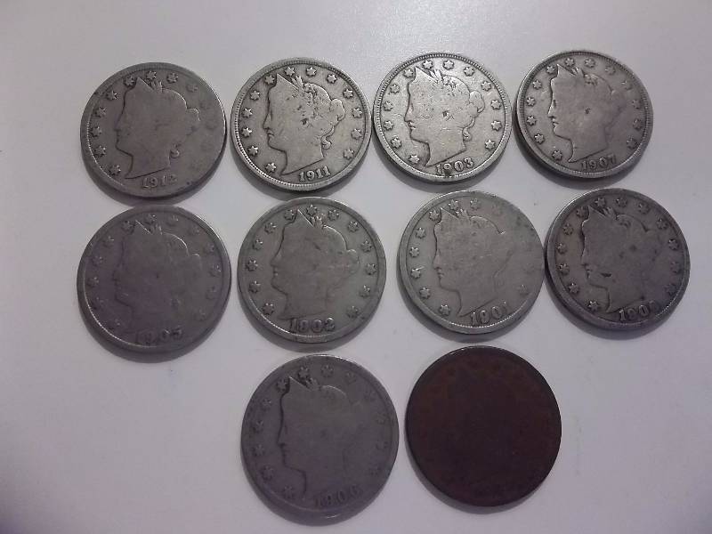 10 V-Nickels From 1901-1912 (2 Dups)
