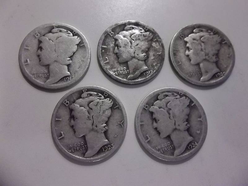 1917, 1918, 1920, 1923, 1924 Mercury Dimes