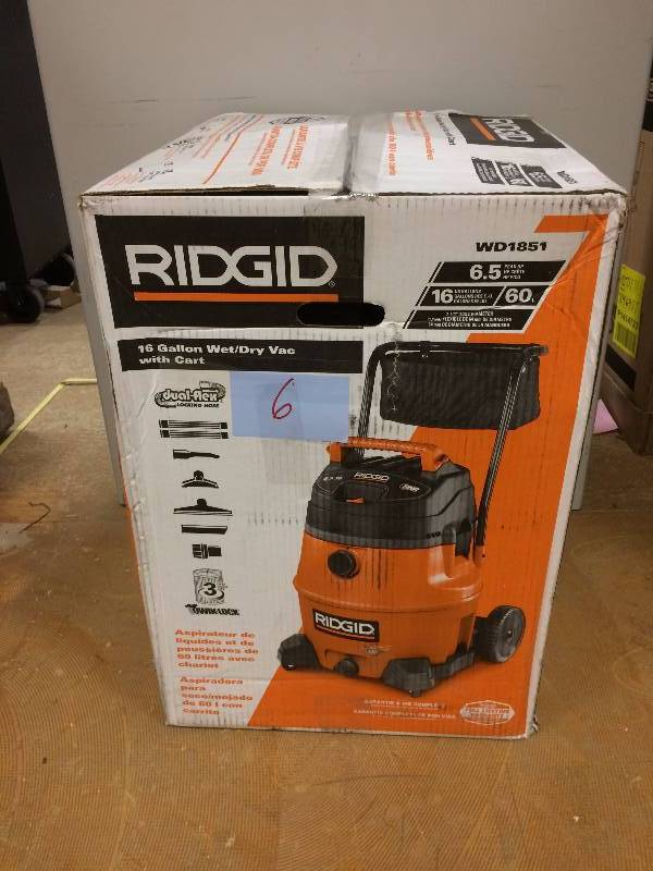 lot 6 image: Ridgid 16 Gal. 6.5-Peak HP Wet Dry Vac open box never used