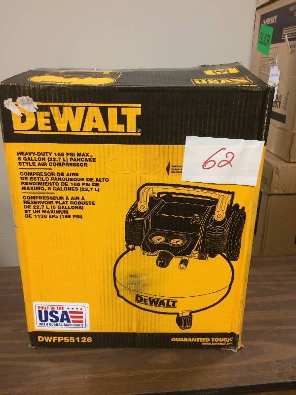 lot 62 image: Dewalt Heavy Duty 6 Gal 165 Psi Pancake Compressor #dwfp55126