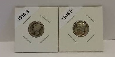 lot 152 image: 1916-S (San Francisco Mint) and 1943-P (Philadelphia Mint) Mercury Silver Dimes