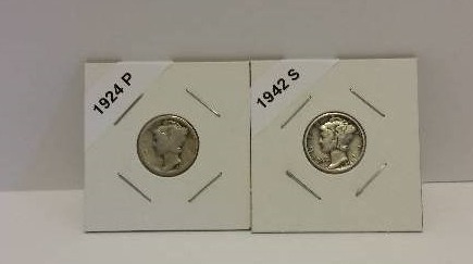 lot 153 image: 1924-P (Philadelphia Mint) and 1942-S (San Francisco Mint) Mercury Siver Dimes