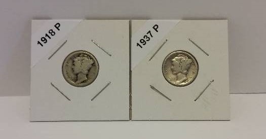 lot 154 image: 1918-P (Philadelphia Mint) and 1937-P Mercury Silver Dimes