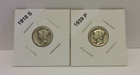 lot 155 image: 1918-S (San Francisco Mint) and 1939-P (Phildelphia Mint) Mercury Silver Dimes
