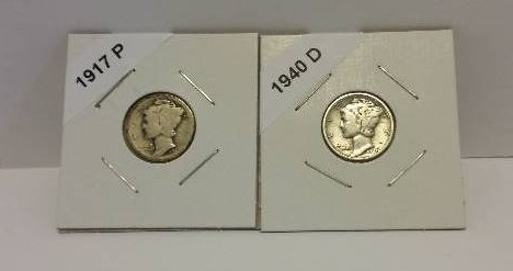 lot 156 image: 1917-P (Philadelphia Mint) and 1940-D (Denver Mint) Mercury Silver Dimes