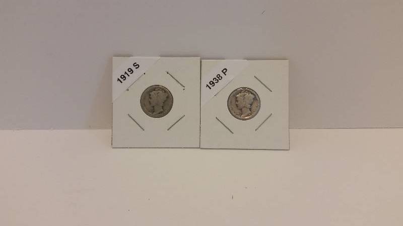 lot 168 image: 1919 S (San Francisco Mint and 1938 P (Philadelphia Mint) Mercury Silver Dimes