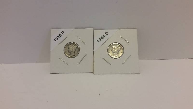 lot 172 image: 1928 P (Philadelphia Mint and 1944 D (Denver Mint) Mercury Silver Dimes
