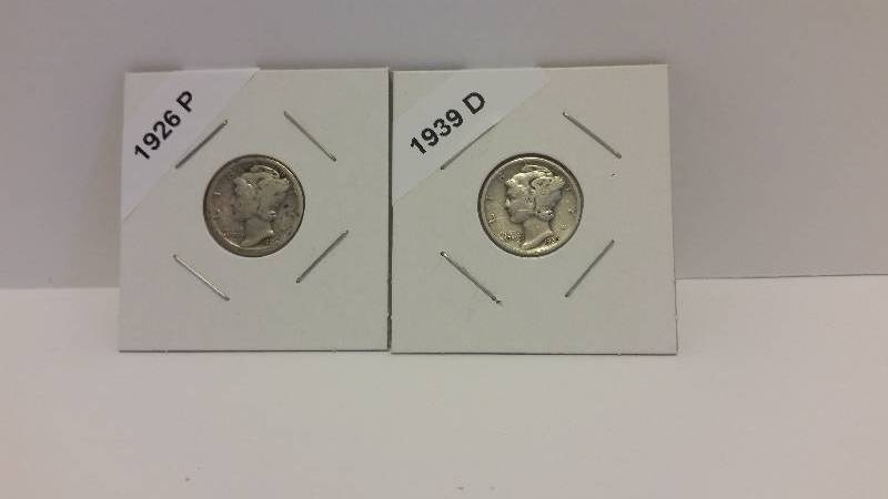lot 177 image: 1926 P (Philadelphia Mint) and 1939 D (Denver Mint) Mercury Silver Dimes