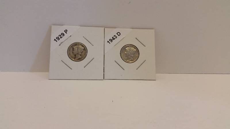 lot 185 image: 1929 P (Philadelphia Mint) and 1943 D (Denver Mint) Mercury Silver Dime