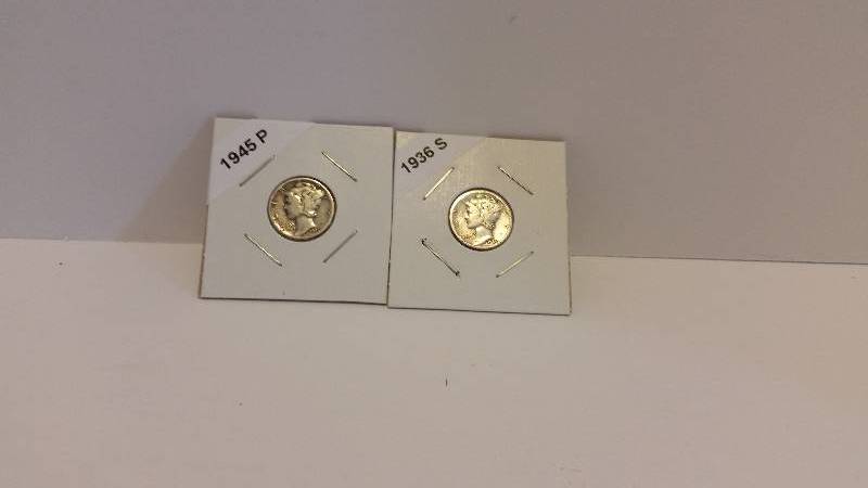 lot 186 image: 1936 S (san Francisco Mint) and 1945 P (Philadelphia Mint) Mercury Silver Dime