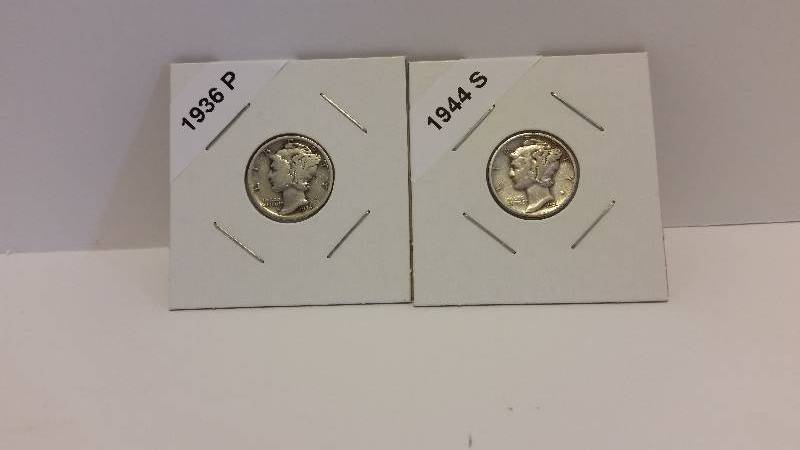 lot 195 image: 1936 P (Philadelphia Mint) and 1944 S (San Francisco Mint) Mercury Silver Dime
