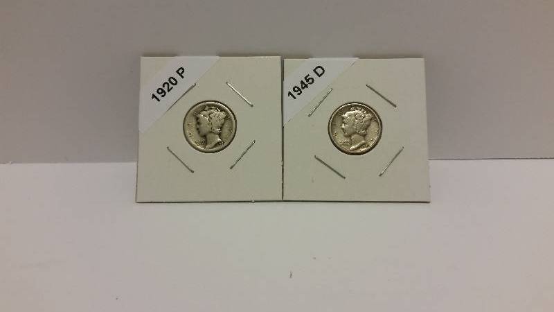 lot 198 image: 1920 P (Philadelphia Mint) and 1945 D (Denver Mint) Mercury Silver Dimes