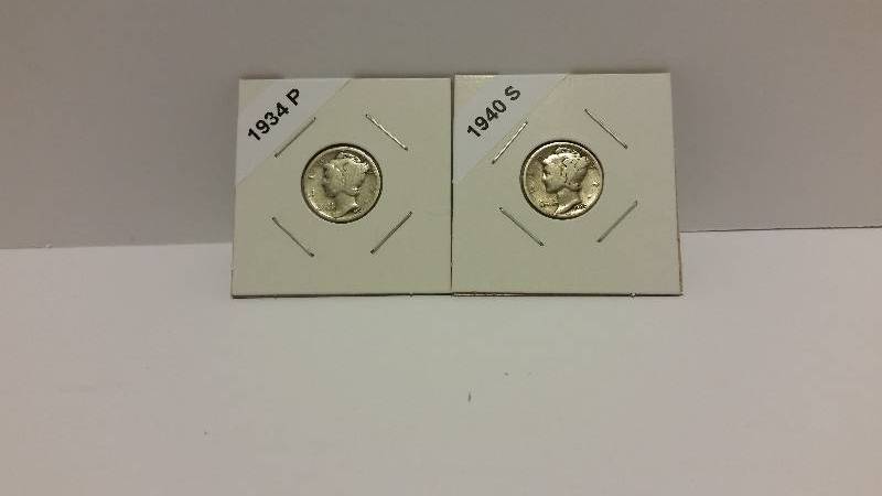 lot 206 image: 1934 P (Philadelphia Mint) and 1940 S (San Francisco Mint) Mercury Silver Dimes