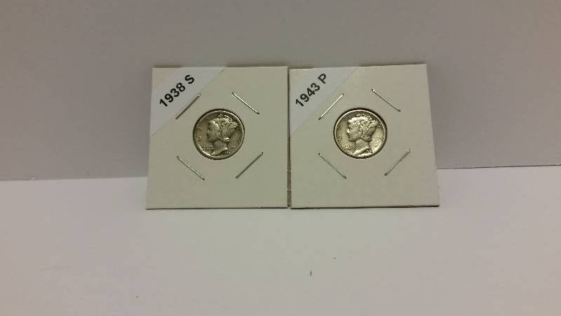 lot 207 image: 1938 S (San Francisco Mint) and 1943 P (Philadelphia Mint) Mercury Silver Dimes