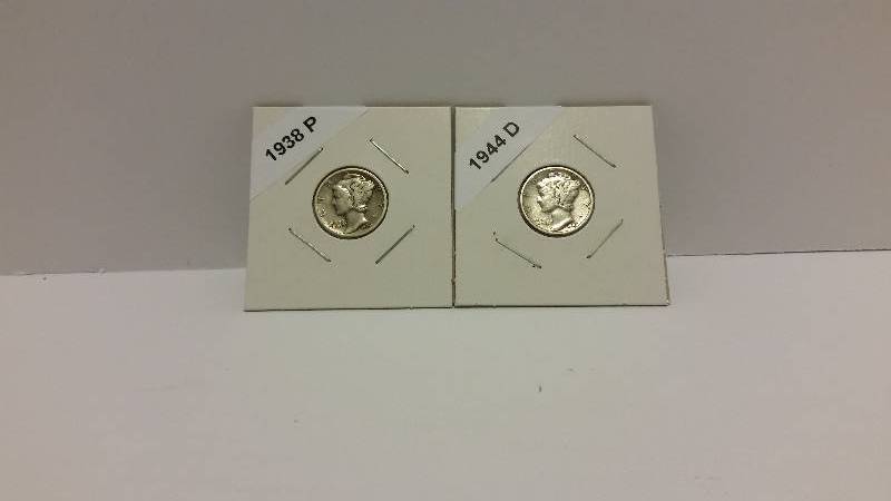 lot 208 image: 1938 P (Philadelphia Mint) and 1944 D (Denver Mint) Mercury Silver Dimes