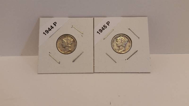 lot 211 image: 1945 P (Philadelphia Mint) and 1944 P (Philadelphia Mint) Mercury Silver Dimes