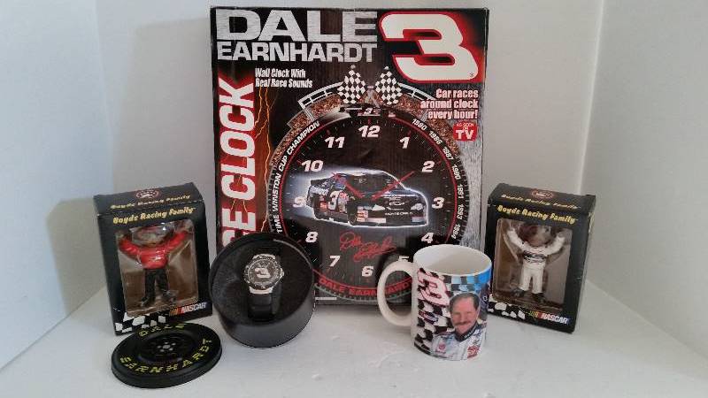 lot 220 image: Lot of Dale Earnhardt NASCAR Items - Watch in Decorative Tin, Race Wall Clock, Coffee Mug, and Ornaments - See Pictures