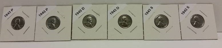 lot 233 image: (2) Sets of 1943 Philadelphia, San Francisco and Denver Mint Emergency Issue Steel Pennies - Carded and identified