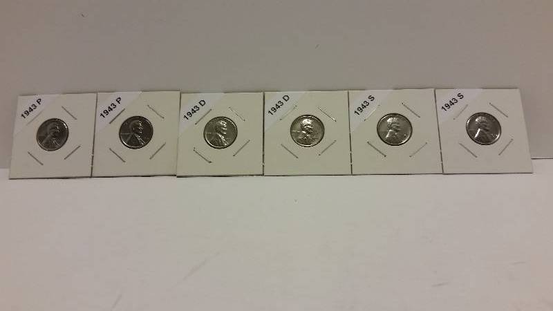 lot 239 image: (2) Sets of 1943 Philadelphia, San Francisco and Denver Mint Emergency Issue Steel Pennies - Carded and identified