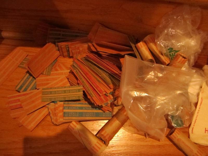 Lot of coin tubes, name tag blanks,...